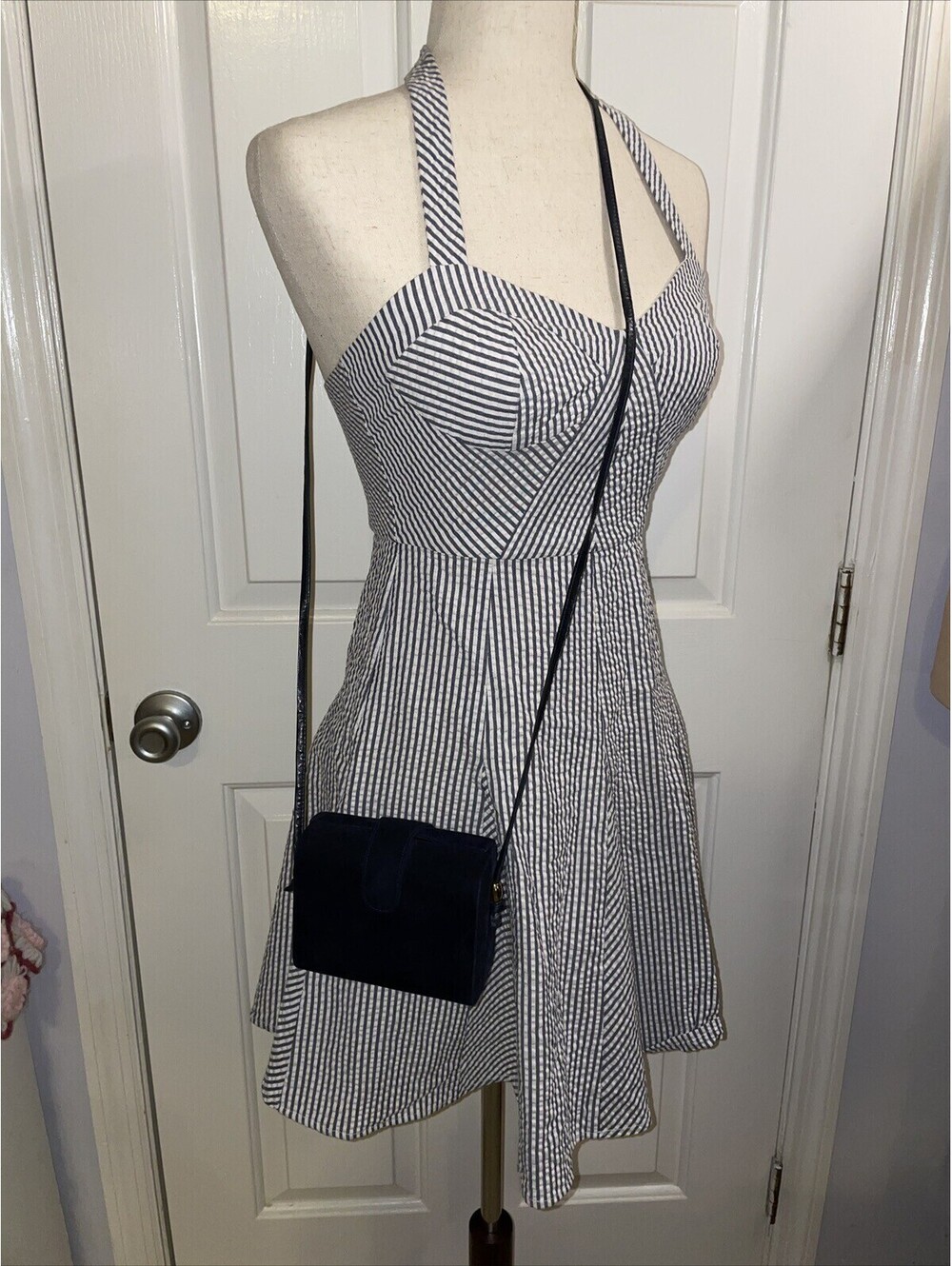 Stuart Weitzman Navy Blue Suede Fabric Shoulder Box Handbag